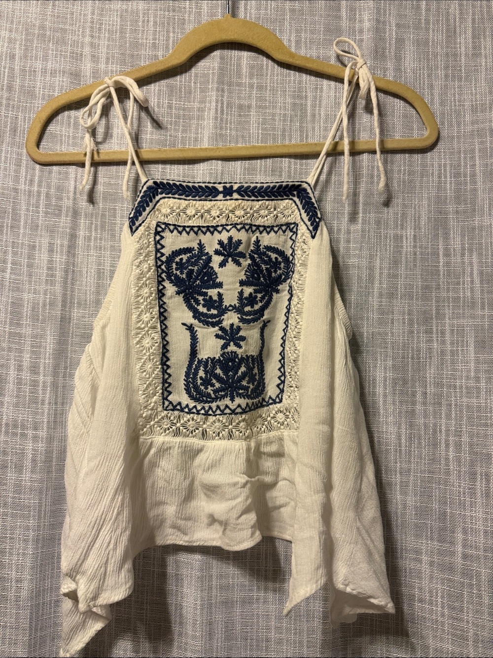 Forever 21 Cream Boho Embroidered Tie-Strap Tank with Navy Detail